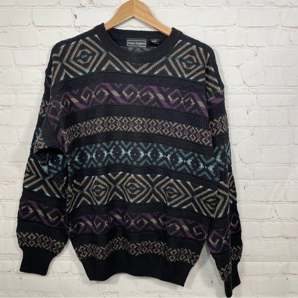 Vintage Peter England Sweater Mens Large Black Aztec Acrylic Wool Pullover - Picture 1 of 10